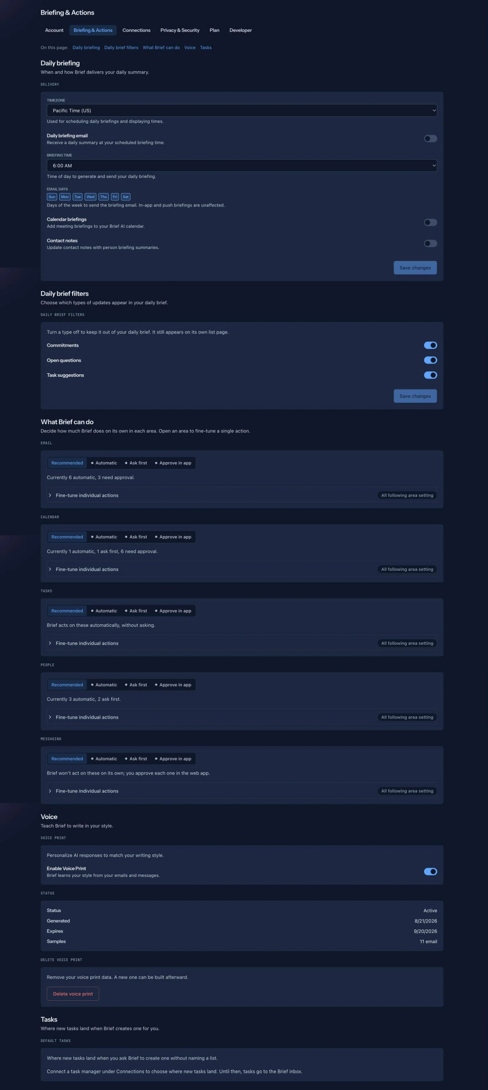 The Settings → Briefing & Actions screen, with the five group headings visible — Daily briefing, Daily brief filters, What Brief can do, Voice, Tasks
