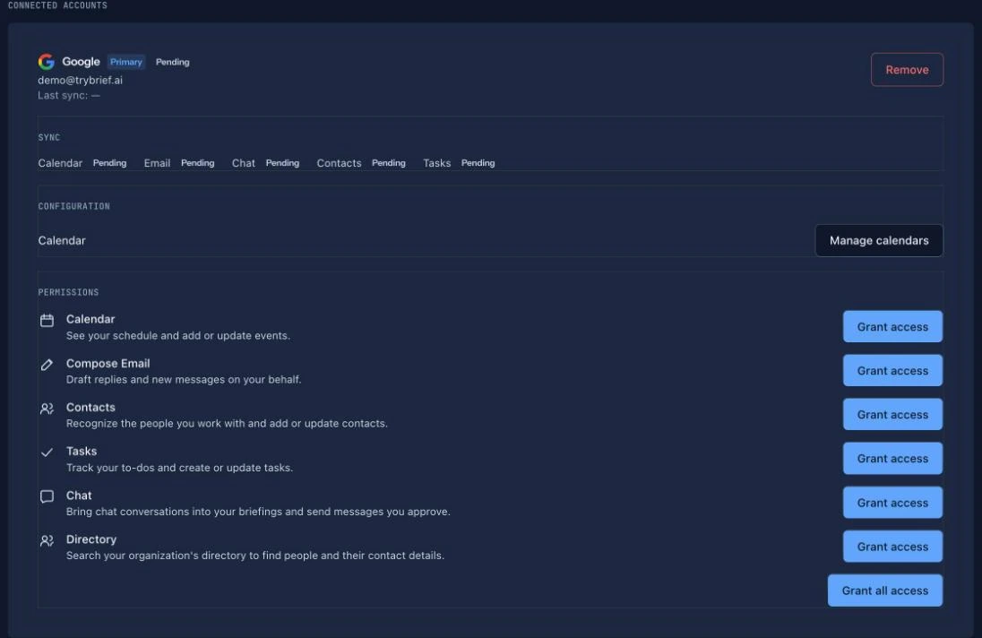 An account card showing the Permissions section, one row per permission Brief does not yet have, each with a Grant access button
