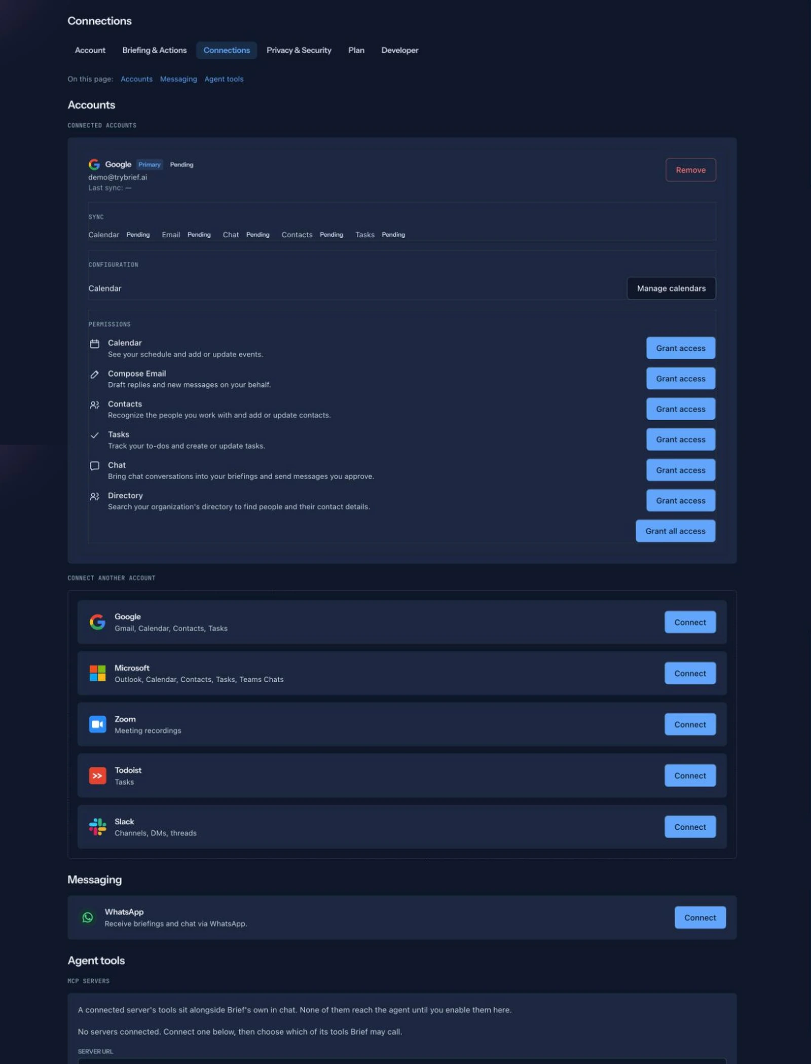The Settings → Connections screen, with the Accounts, Messaging and Agent tools groups