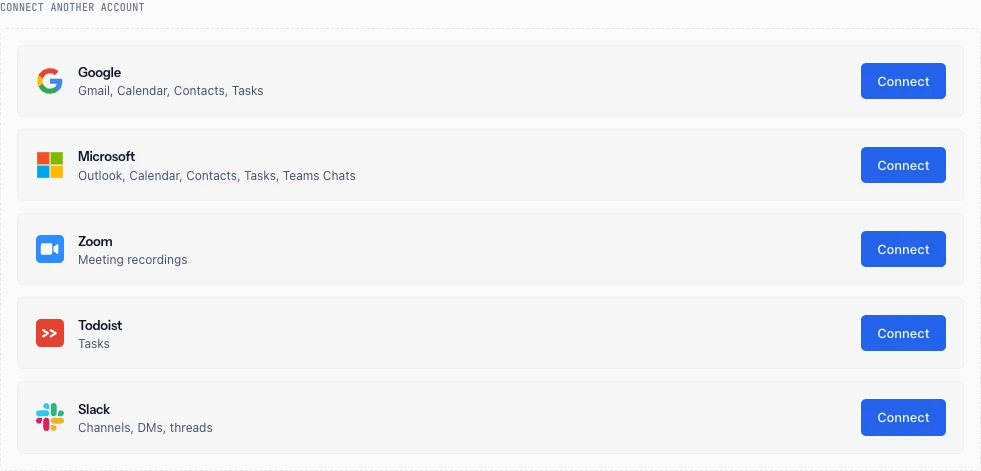 The Connect another account group, listing Google for Gmail, Calendar, Contacts and Tasks; Microsoft for Outlook, Calendar, Contacts, Tasks and Teams Chats; Zoom for meeting recordings; Todoist for tasks; and Slack for channels, DMs and threads, each with its own Connect button